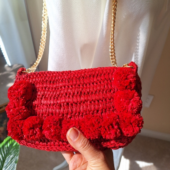 LOFT  Red Paper Straw Pom Pom Small Handbag - Picture 3 of 7